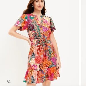 Ann Taylor Loft  Patchwork Bloom Smocked Tie Waist Dress. Size M